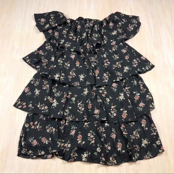 NWT She + Sky Black Floral Tiered Off Shoulder Ruffle Boho Chic Dress Small - Picture 1 of 11